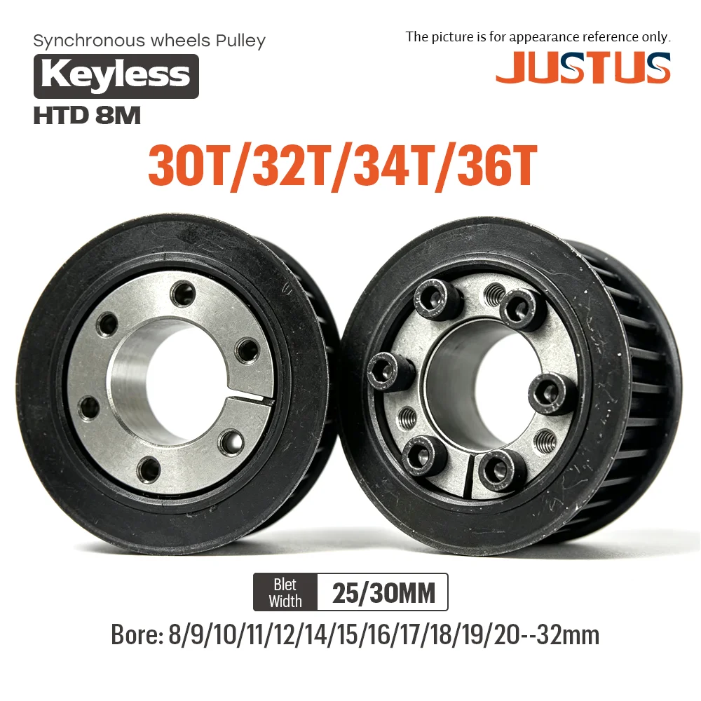 HTD8M Timing Pulley 30T 32T 34T 36T Steel Synchronous Wheel With Keyless Bushing Bore 8‑40mm For 25‑30mm Width Timing Belt