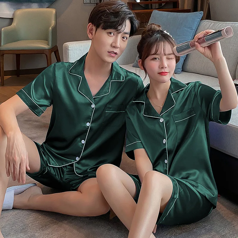 New Summer Women's Cardigan Casual Loose Long Sleeve Couple Pajamas Ice Silk Men's Middle Aged Young Home Clothes Loungewear set