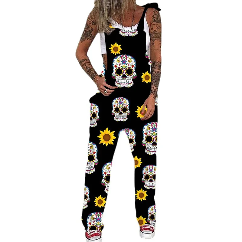 Fashion Gothic Skull Print Jumpsuits Plus Size Women Spaghetti Strap Trouser Sexy Pocket Design Overalls Bodysuit Halloween