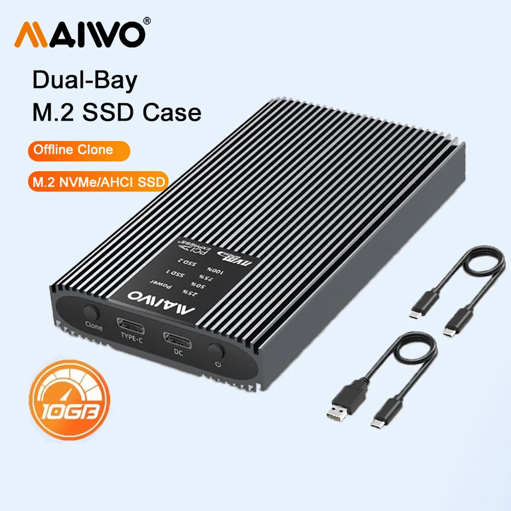 maiwo-custodia-per-ssd-m2-nvme-a-doppio-alloggiamento-con-funzione-di-clonazione-offline-usb-32-a-20-gbps-installazione-senza-attrezzi-scocca-interamente-in-metallo-capacita-di-16-tb