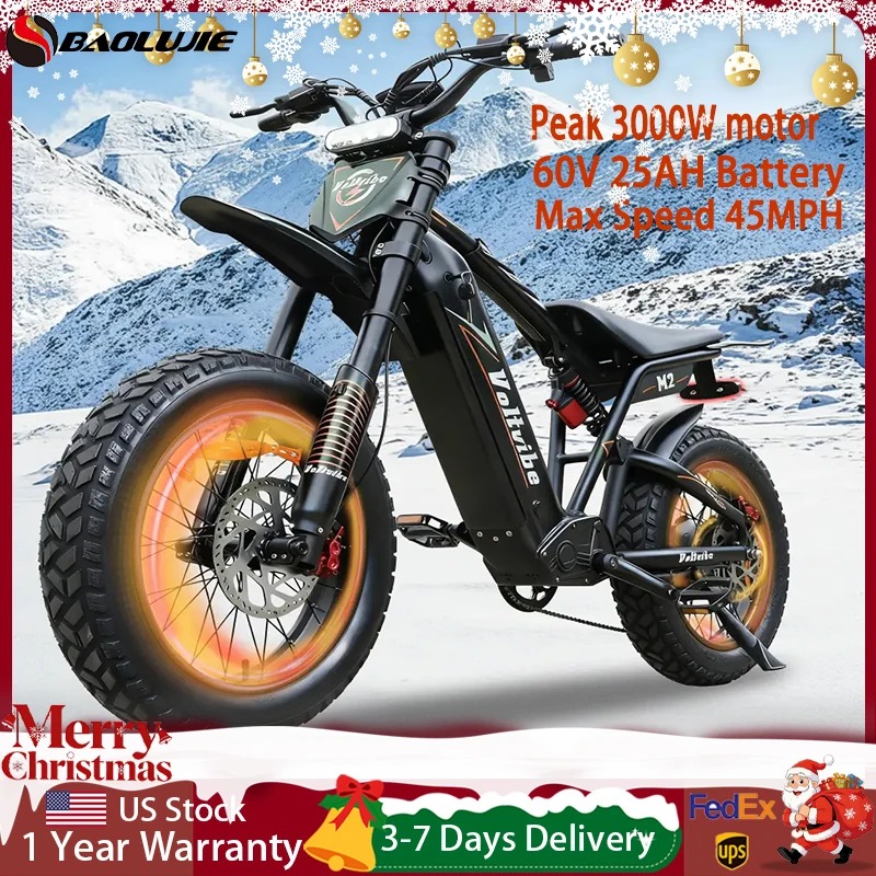 

Электрический мотоцикл BAOLUJIE: Максимальная мощность 1500/3000/5000 Вт, аккумулятор 48В/52В/60В, скорость 35-45 миль/ч, электровелосипед для взрослых