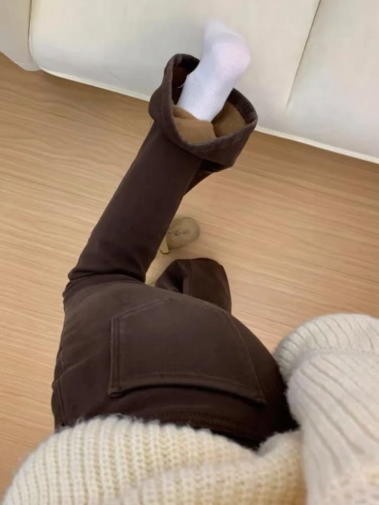 

High Waist Fce Lined Coffee Color Denim Jeans Women's Floor Length Bootcut Pants Straight Leg Jeans Casual Trousers