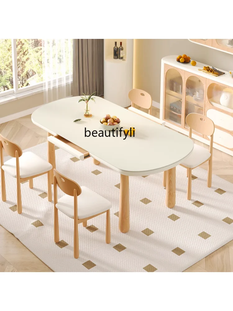 Cream Style Solid Wood Stone Plate Dining Table and Chair Oval Log Style Modern Simple New