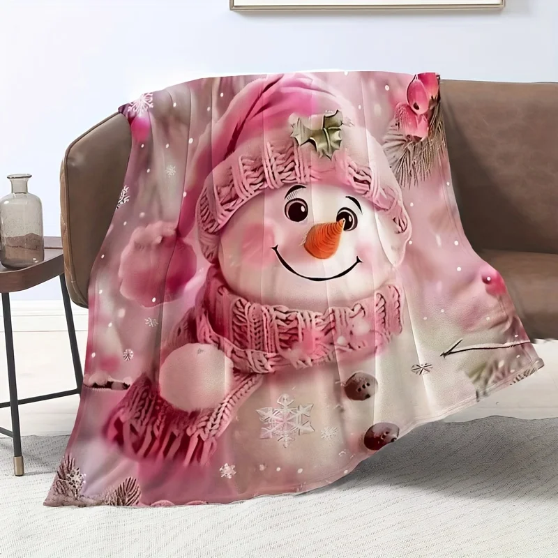 1pc Cute Pink Snowman Flannel Blanket | Contemporary Style, Soft and Comfortable, Ideal for Travel, Camping, Office Decor, and B