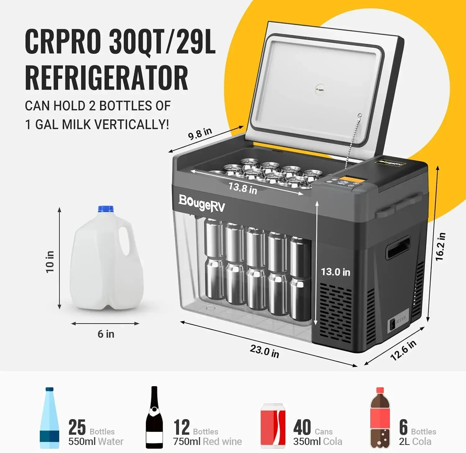 Geladeira BougeRV de 12 volts, geladeira de carro CRPRO 30 Quart 12V, freezer portátil (-8 ℉ ~50 ℉ ), Refrigerador de compressor com 12V/24 DC