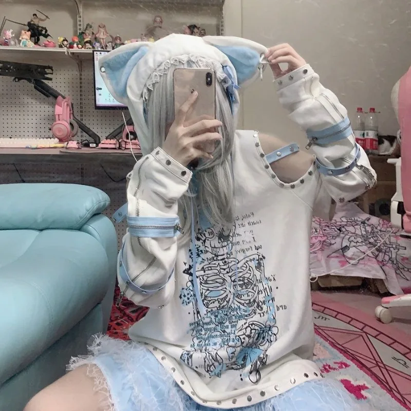 Hoodies pretos lolita japoneses para mulheres, moletons soltos bonitos, mangas fora do ombro, capuz de orelha, cosplay, outono, inverno, novo, 2000s, 2022