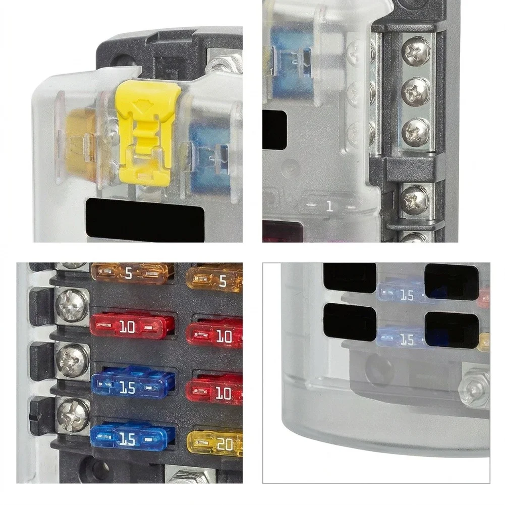 12 Circuit Fuse Panel with Ground Busbar and Cover for Automotive RV Marine and Recreational Vehicle Wiring Solutions