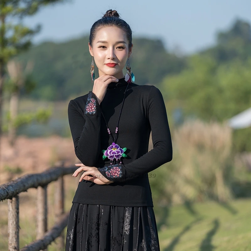 

2025 chinese traditional stand collar shirt national flower embroidery shirt vintage hanfu tops oriental ethnic folk base shirt