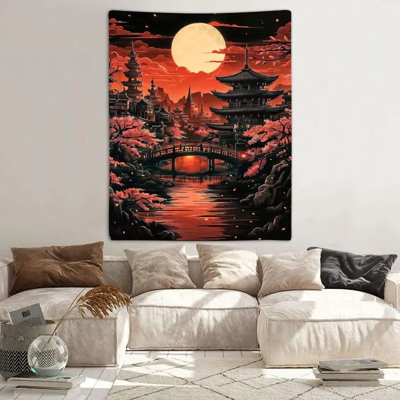VIKAMA Japanese Pagoda Cherry Blossom Tapestry, Zen Wall Hanging, Oriental Full Moon Wall Decor for Bedroom Living Room