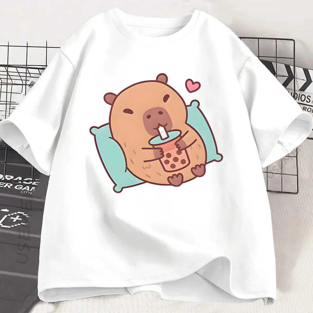 Funny Capybara Drinking Bubble Tea Graphic T-shirt Kawaii Boba Tea Print Tee Summer Short Sleeve Casual Fashion Top Women