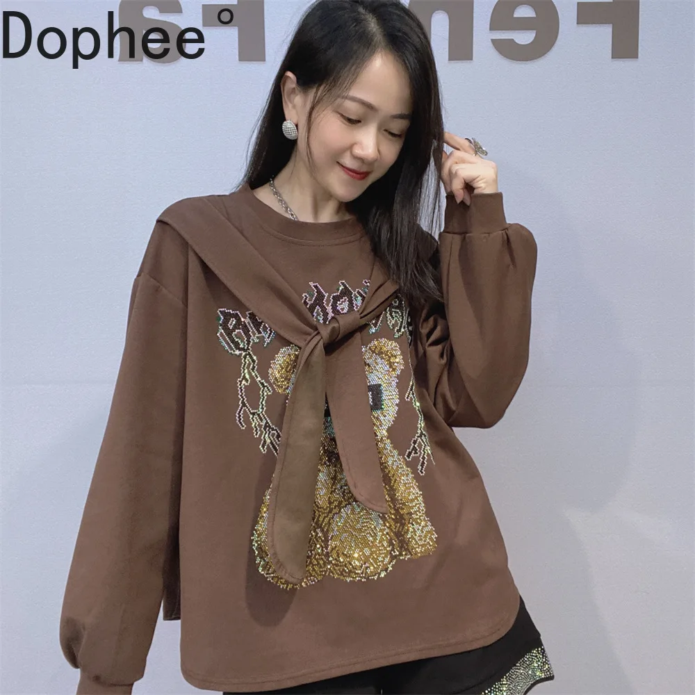 

Faux Two-piece Spring Autumn Women Sweatshirt Scarf Splicing Cute Bear Hot Drilling Pullover Top Long Sleeve Casual Hoodies