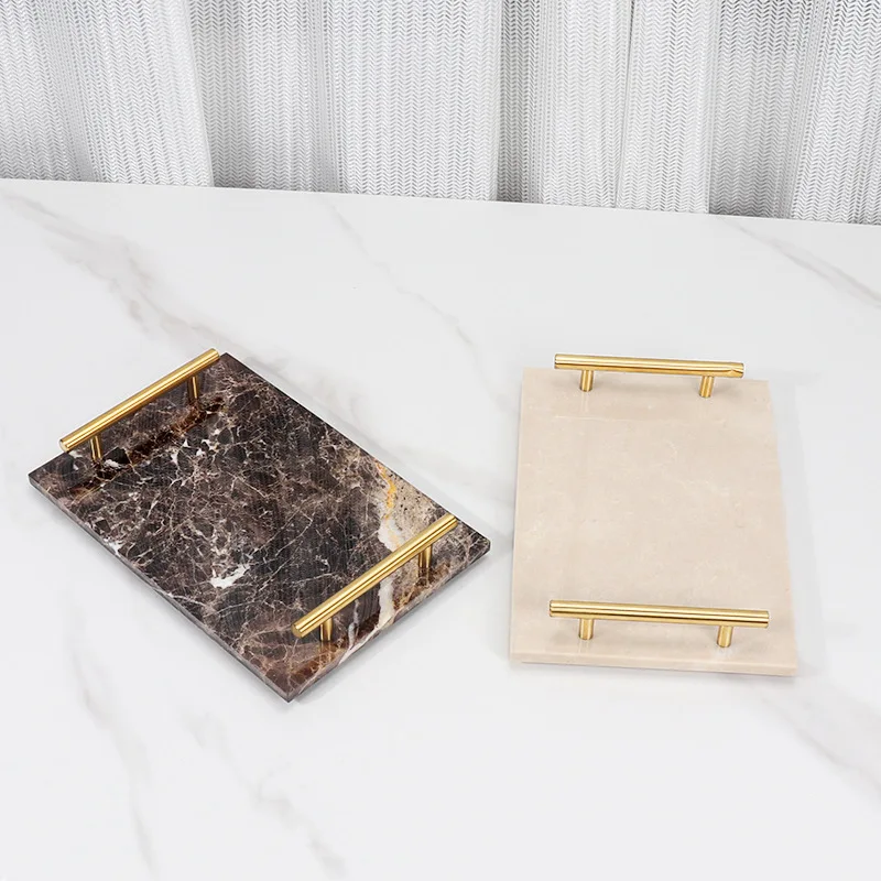 Modern natural marble square stone metal handle tray decoration hotel bathroom cosmetics jewelry storage tray