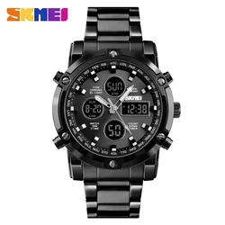 SKMEI-Reloj de pulsera con correa de acero para hombre, cronógrafo de cuarzo Digital con cuenta atrás, tres tiempos, 1389