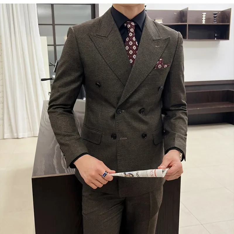 

2 Slits Formal Suits Slim Fit Business Set (Jacket +Pants ) Men's Double Breasted Suits 2024 Terno Masculino Men's Peak Lapel