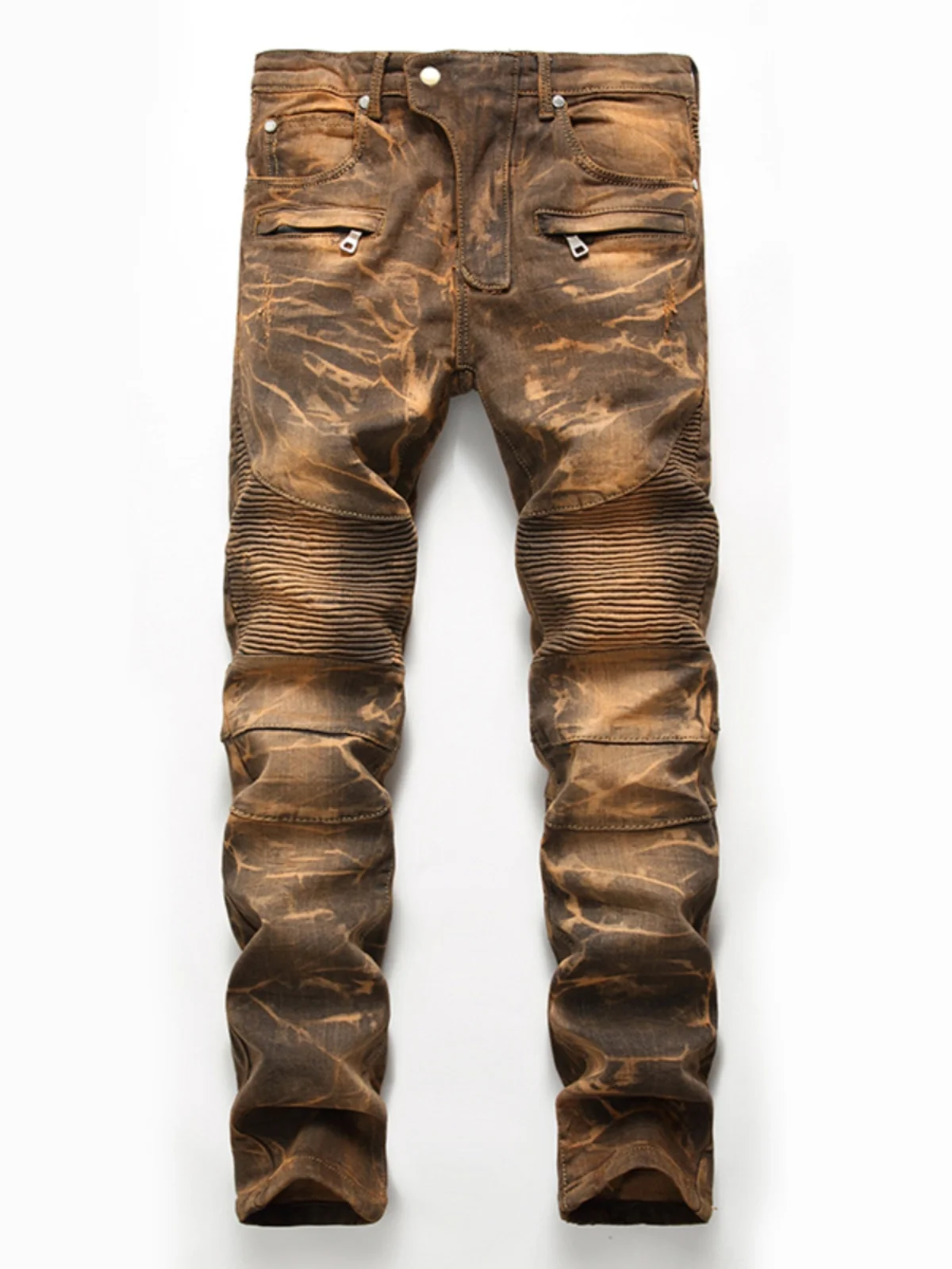 

Slim Fit Men's Biker Denim Jeans with Pleats Elastic Waist ket Zipper Casual Long Pants Youthful Sle All Season Wear