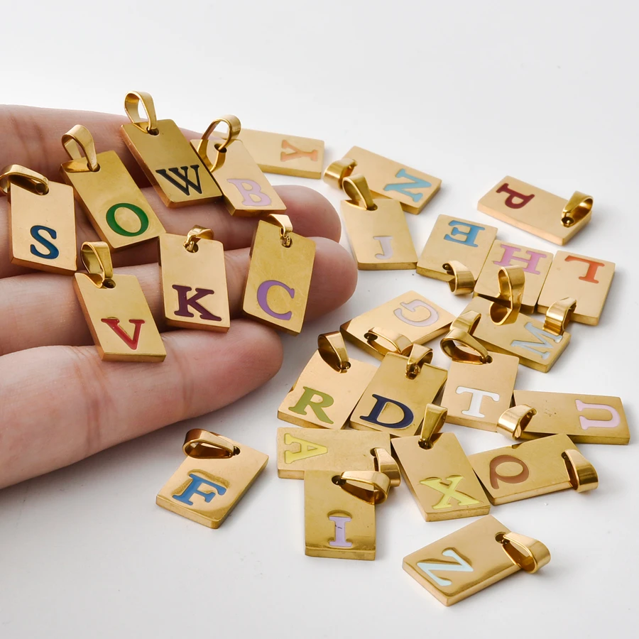 10/26pcs Stainless Steel Colorful Enamel Initial Letter Charms Gold Plated Rectangle A‑Z Alphabet Pendant DIY Necklace Jewelry