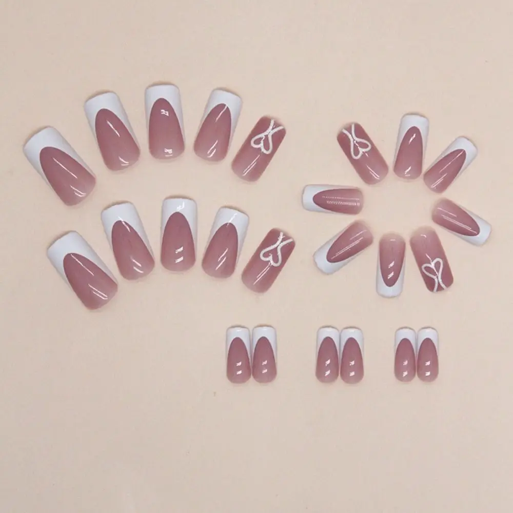 New Long Square False Nails Aurora French French Fake Nials Golden Pink Butterfly Detachable Press on Nails Women Girls