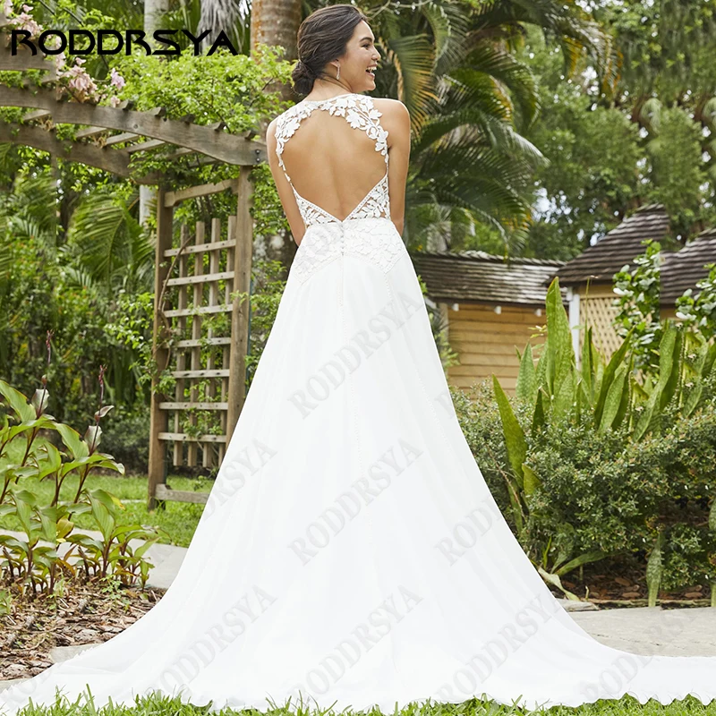 RODDRSYA-Vestido De Novia con abertura alta, Vestido De Novia con cuello en V, Apliques De encaje, gasa, espalda abierta, sin mangas, línea A Encantador tenedor de alta apertura vestido de novia encaje de cuello V Apli