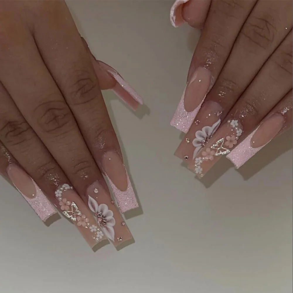 

24Pcs Long Ballet False Nails Pink Shiny Powder French Press on Fake Nails 3D Flower Butterfly Rhinestone Wearable Manicure Tips