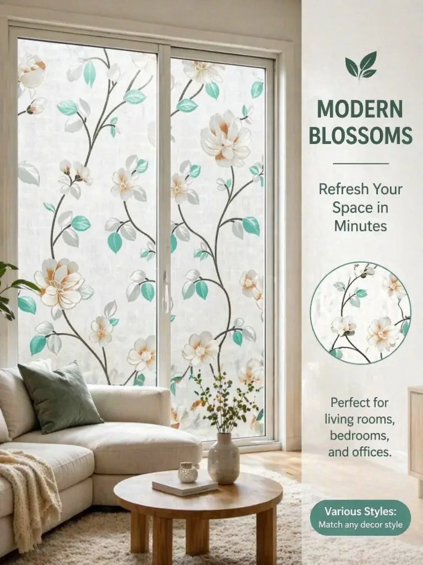 Embroidery Pattern Frosted Privacy Window Film Translucent Light Block Static Cling Removable for Bathroom Glass