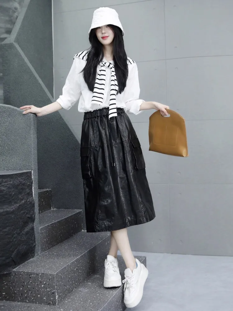 Casual Genuine Leather Skirt Women High Elastic Waist Loose Fit Vintage Medium Long A Line Skirts Streetwear Black Cargo Skirts