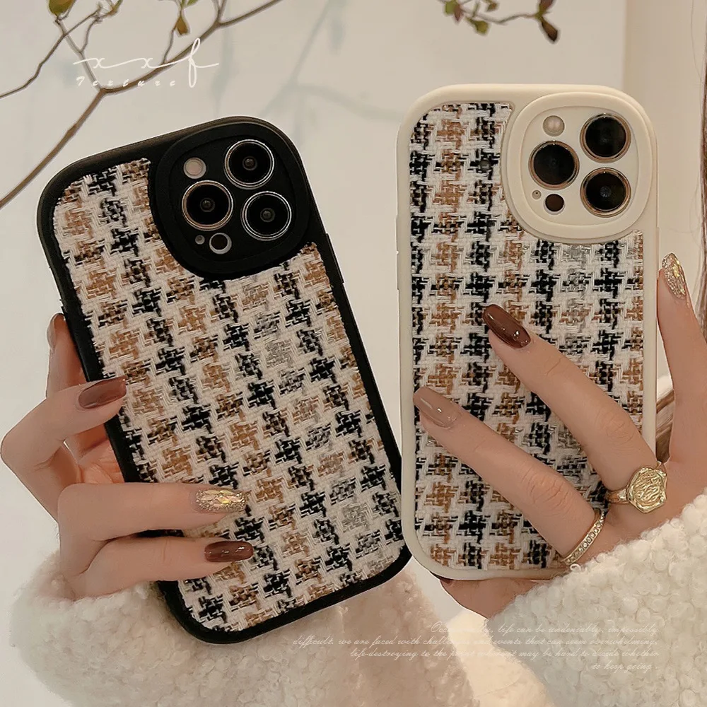 Luxuriöse gewebte Muster-Tweed-Plaid-Stoff-Handyhülle für iPhone 16, 15, 14, 13, 12, 11, Pro Max, XR, XSMAX, stoßfeste Schutzhülle