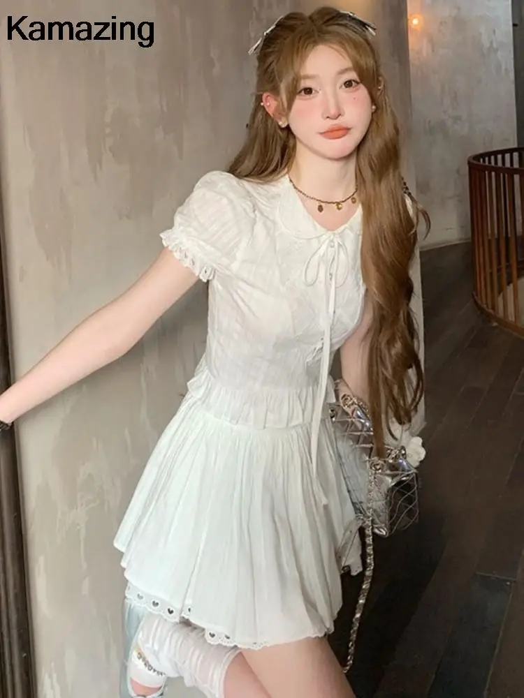 Summer Casual Mini Skirt Set Sweet Solid 2 Piece Suit Women Fashion Short Sleeve Shirt Lace Skirt Outfits Korean Elegant Clothes