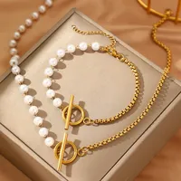 2Pcs Stainless Steel Jewelry Set Fashion Elegant Design Splicing Pearl Chain Light Luxury Pendant Jewelry Set For Women Jewelry