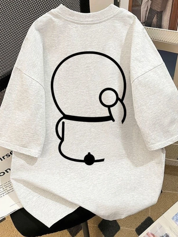 2025 الصيف الاتجاه فضفاض اليابانية الحد الأدنى خطوط الكرتون عبقور قصيرة القطن الخالص كم تي شيرت للرجال والنساء زوجين #1