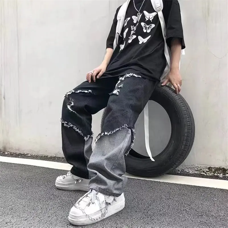Korean Fashion Ripped Jeans Pants Men Broken Holes Trousers Casual Soft Stylish Regular Baggy Straight Denim Trousers