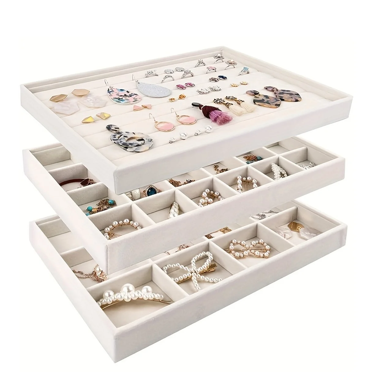 Stackable Velvet Jewelry Organizer Box - Distressed White, Rectangular Desktop Display Case for Rings, Earrings, Necklaces