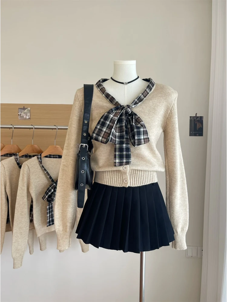 Fall Winter Women Korean Vintage Mori Girl Sweater Plaid Elegant Coquette Old Money Knitwear 2000s Aesthetic Pullovers Designer