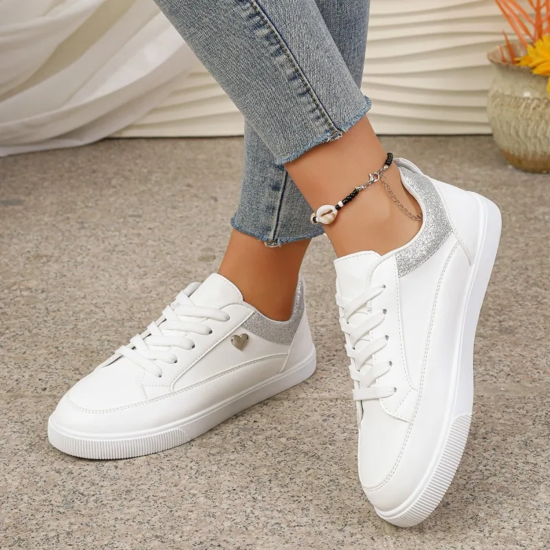 Women's White Glitter Heart Sneakers - Lace-Up Low Top Casual Walking Shoes with Silver Trim for Daily Wear view 5