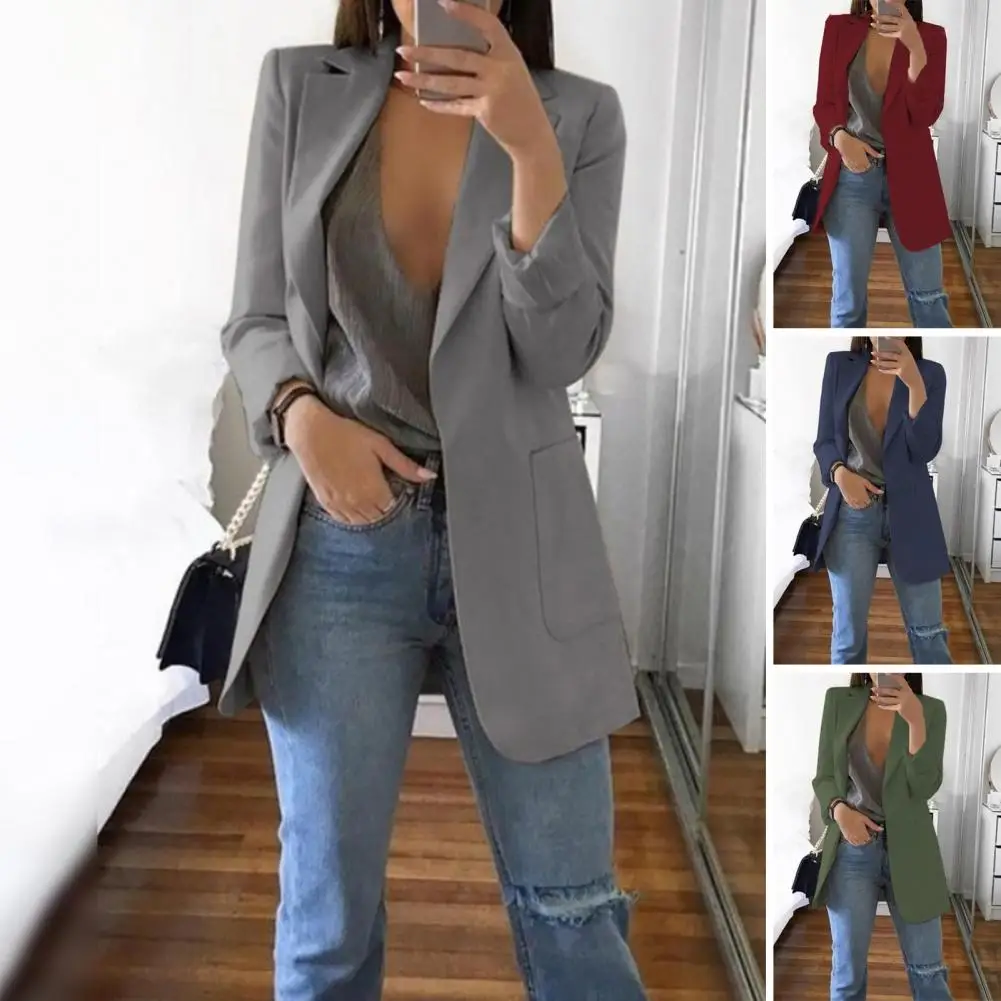 Suit Jacket Elegant Lapel Suit Coat with Big Pockets for Women Long Sleeve Open Front Business Outwear Solid Color Commuting