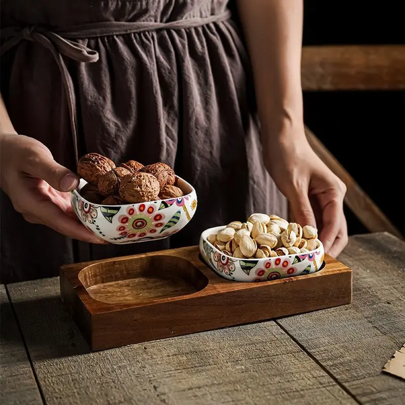 

flower dried fruit display plate ceramic fruit bowl living room table refreshments snacks double grid bowl household simple