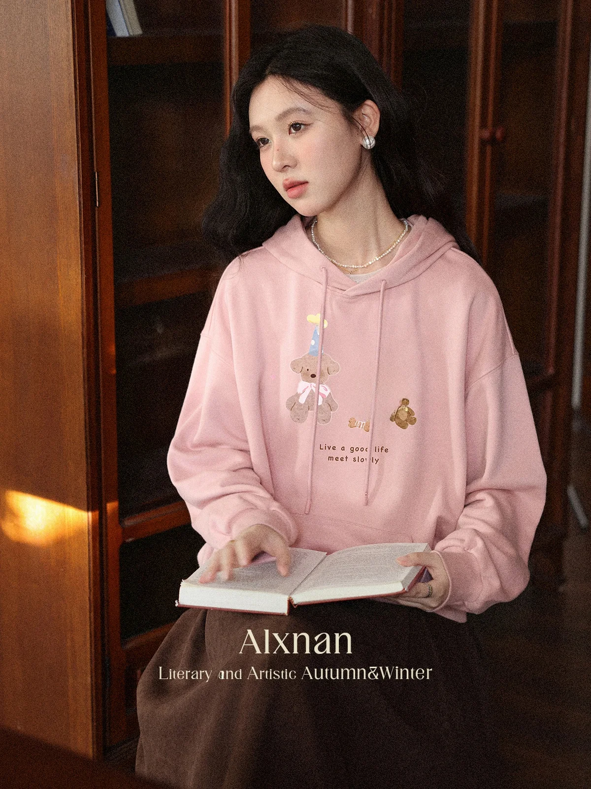 Felpa con cappuccio lunga Sve rosa Cartoon Felpa ampia da donna Autunno New Sle Comodo streetwear