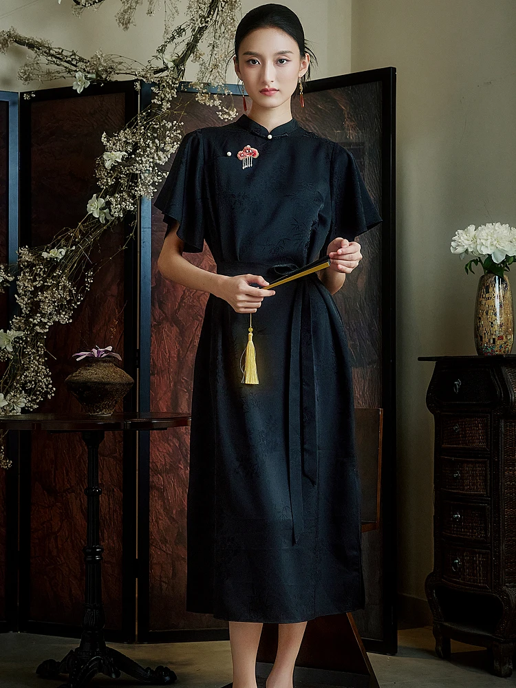 

Retro Floral Embroidery Silk Satin Dr Belted Waist Design Chinese Sle Long Qipao ort Sve Low Slit for Women