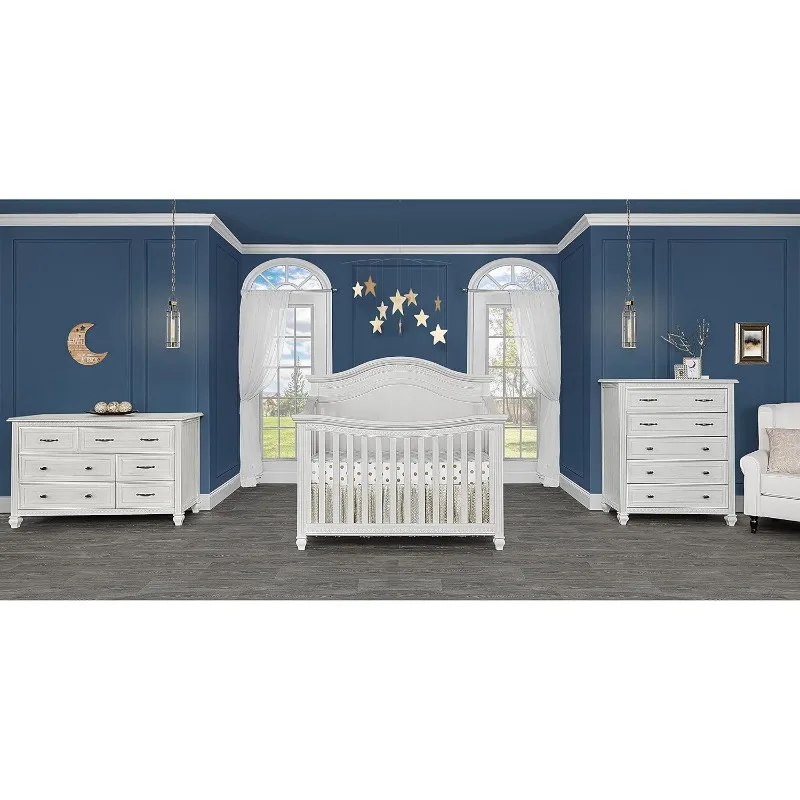 5-In-1 Curved Top Convertible Crib In Antique Grey Mist, Features 3 Mattress Height Settings, Wooden Nursery