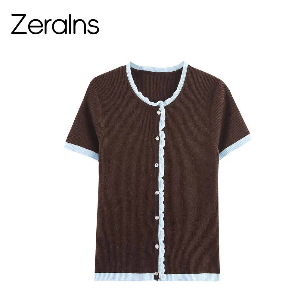 ZERAINS 2025 خريف جديد ملابس نسائية حلوة وعصرية رقبة مستديرة دانتيل اللون حظر سترة محبوكة بأكمام قصيرة #1