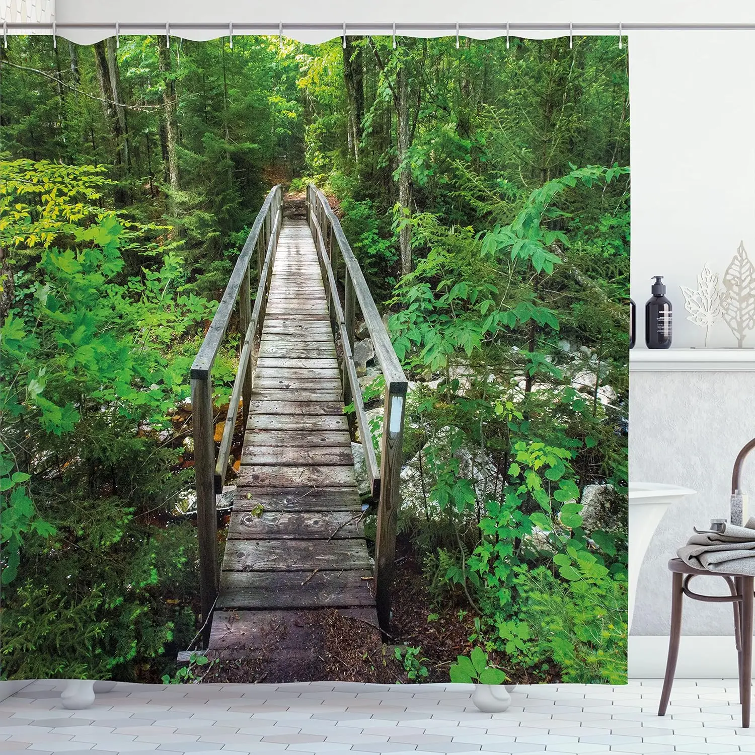 Forest Bridge Shower Curtain Nature Trail Green Trees Wood Path Scene Outdoor Adventure Bath Decor Waterproof Fabric