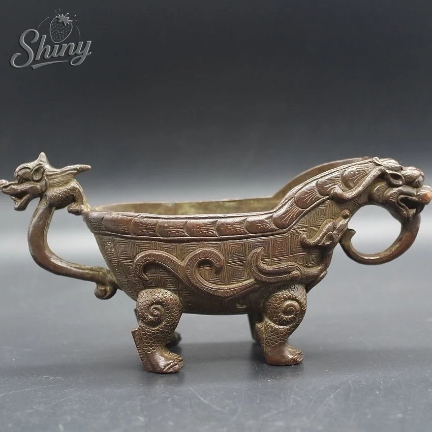 

Antique Chinese Bronze Hand Made Engraved Dragon Wine Cups Tea Cups