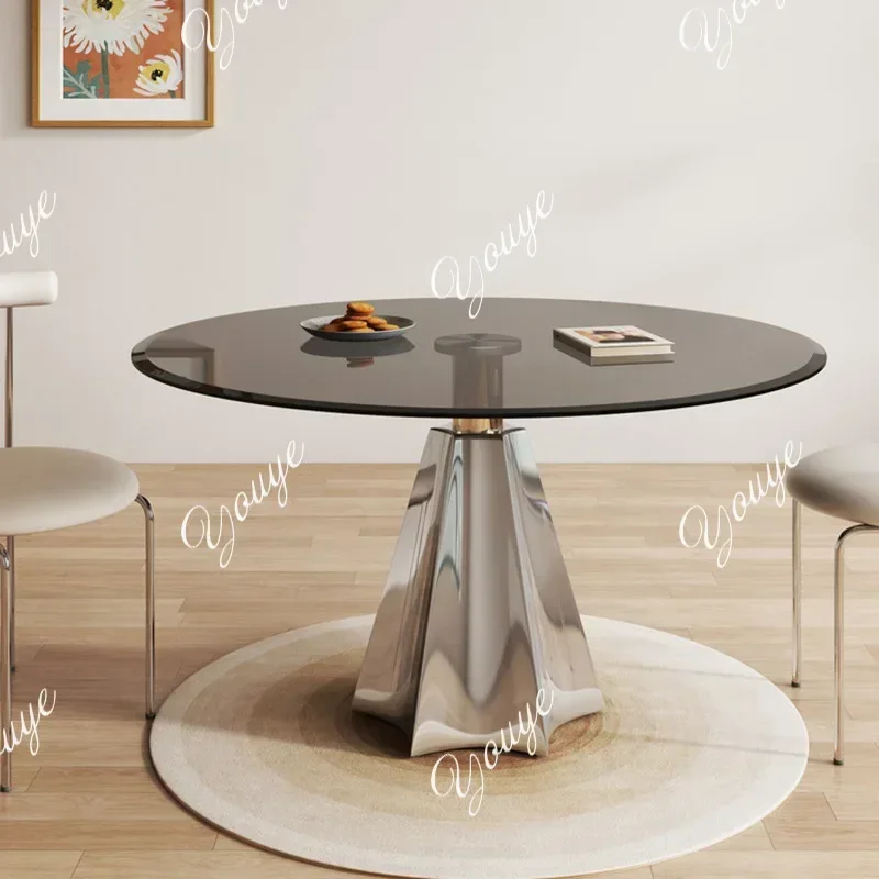 N44  Tempered Glass Round Table Household Small Apartment Dining Table Commercial Water Pattern Glass Negotiation Leisure Small