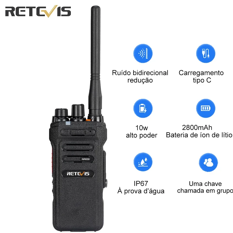 Retevis Walkie Talkie de alta potência NR630 Walkie-talkie bidirecional com redução de ruído IP67 à prova d'água rádio bidirecional tipo C carregador