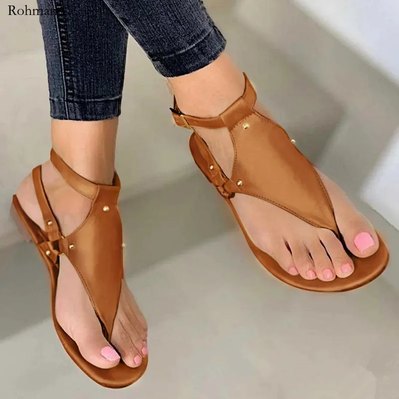 

Summer Women Flats Slippers Pu Leather Belt Buckle Female Shoes 2024 New Rome Fashion Women's Sandals