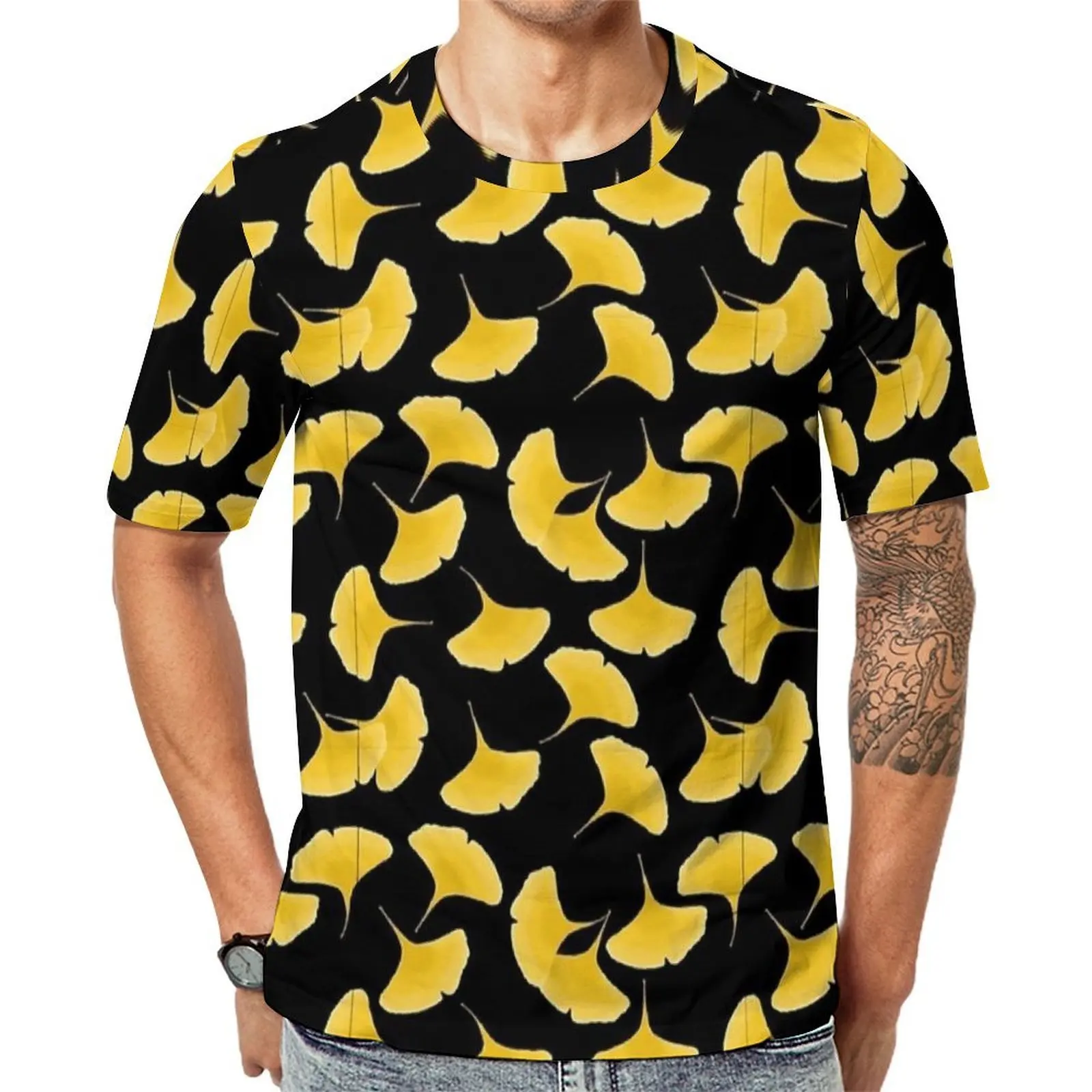 Men Black Yellow Ginkgo Grid Print T Shirt Vintage T-Shirts Short Sleeve Design Tshirt Dropshipping Awesome Oversized Clothes