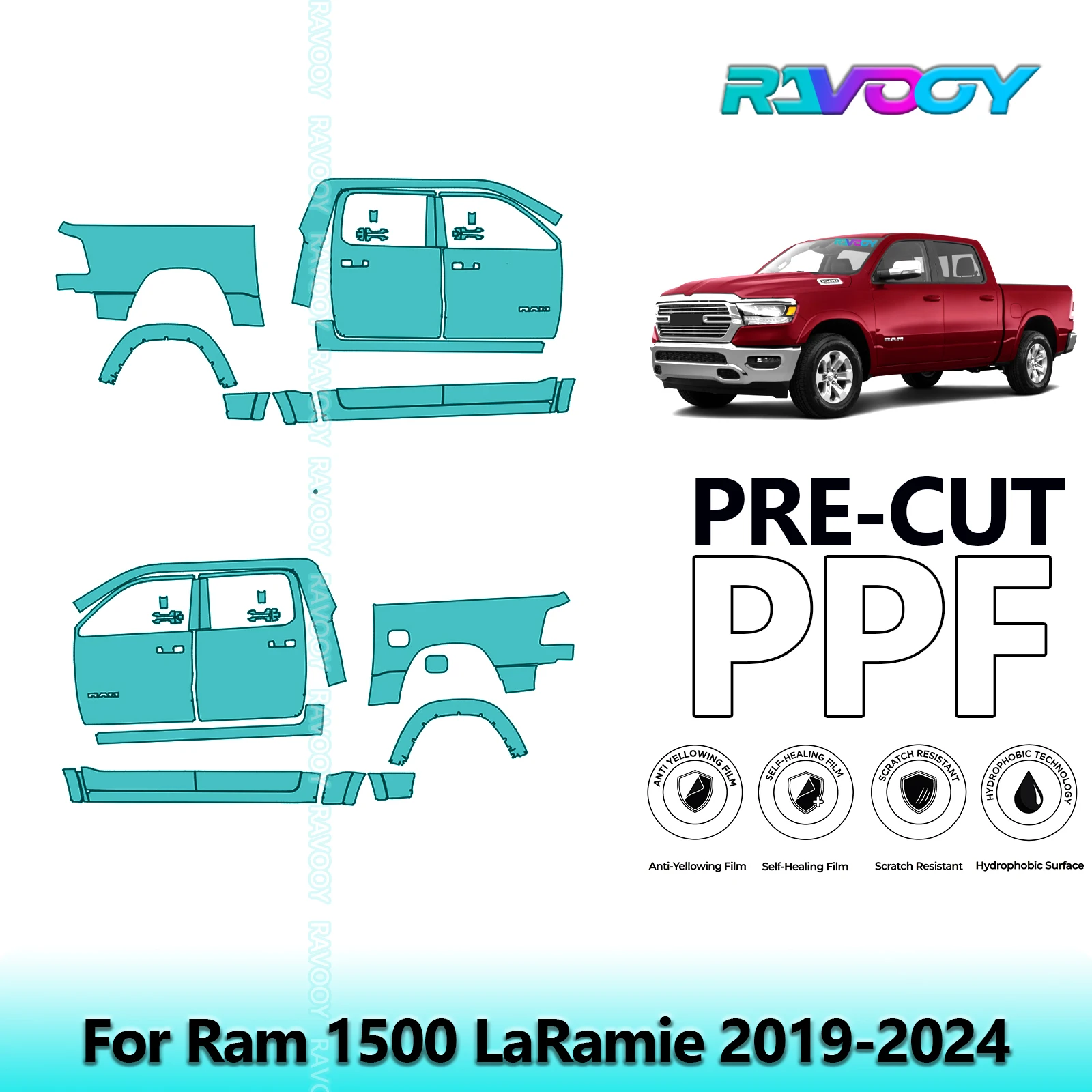 

For Ram 1500 LaRamie 2019-2024 8.5mil Clear Matte Pre-Cut PPF Door & A/B Pillar Kit TPU Paint Protection Film Set