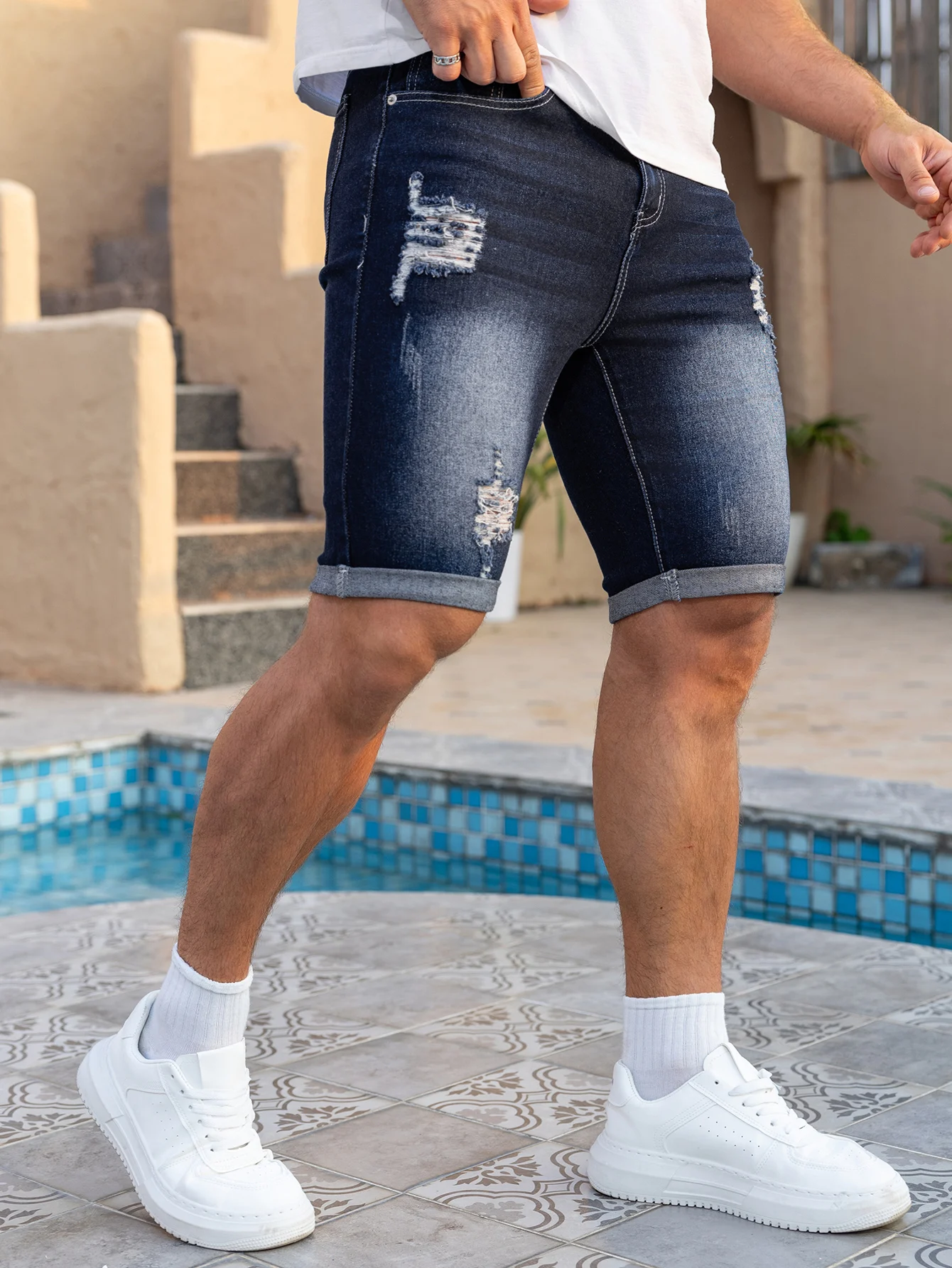 

Мужские рваные темно-синие облегающие шорты из искусственного денима, эластичные брюки длиной до колена для летней одежды