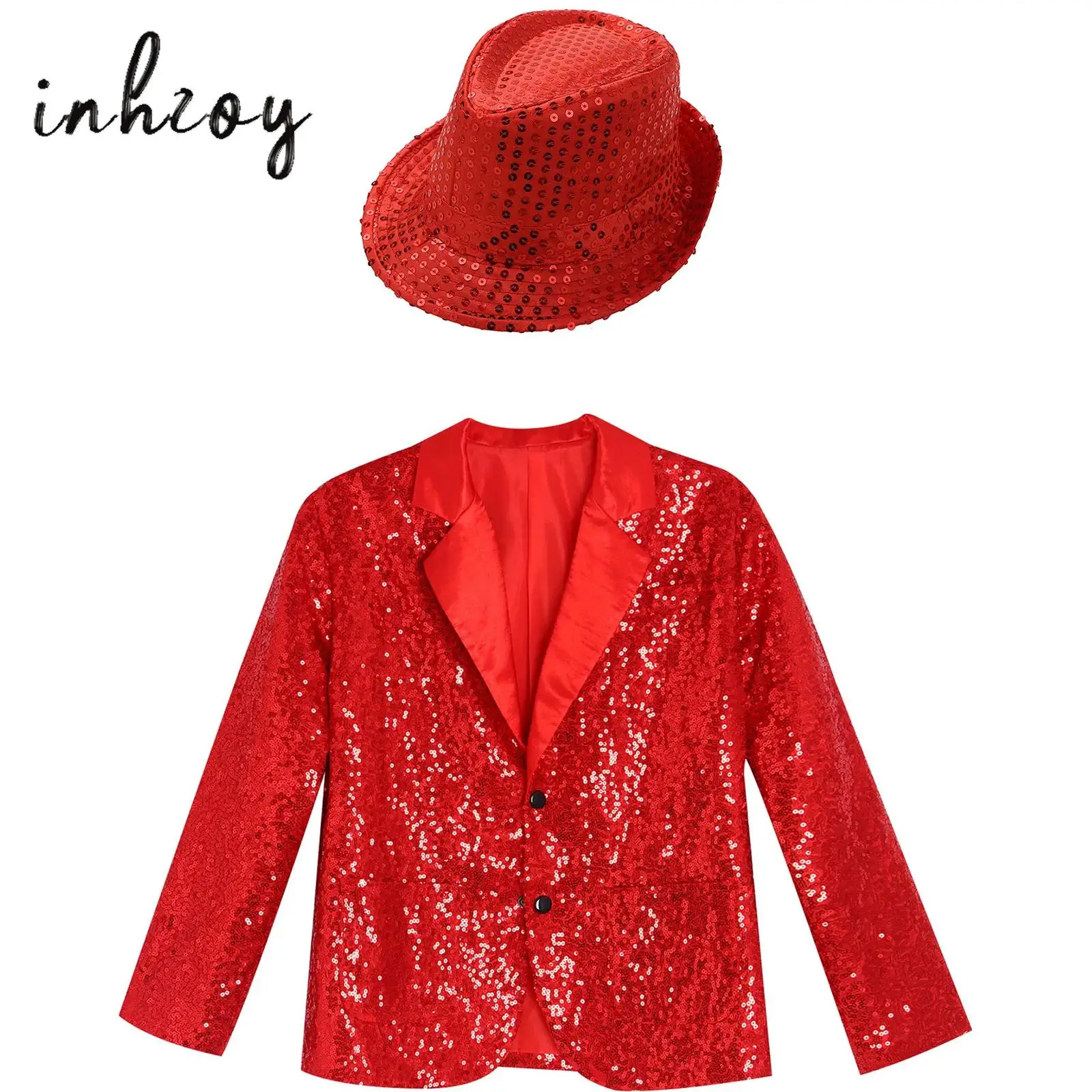 

Girls Jazz Dance Outfit 2 Piece Set Lapel Long Sleeve Sparkly Sequins Blazer Jacket with Hat for Jazz Dance Stage Performance
