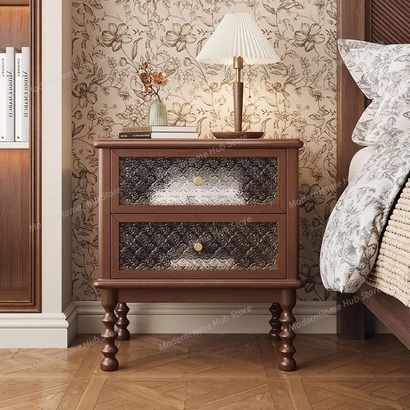 French Retro Bedside Table Solid Wood Small Storage Cabinet Black Second-hand Storage Home Bedroom Bedside Cabinet