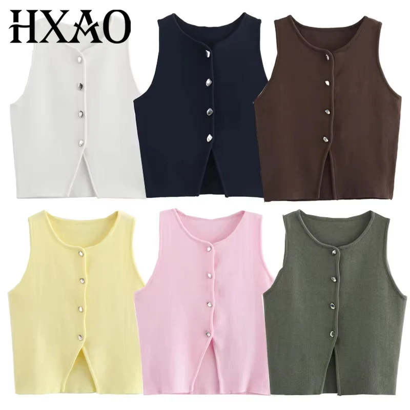 HXAO Female Sweater Vest Cropped Knit Vest Woman Sleeveless White Blue Vest Women Autumn Button Slim Yellow Pink Knitted Vests